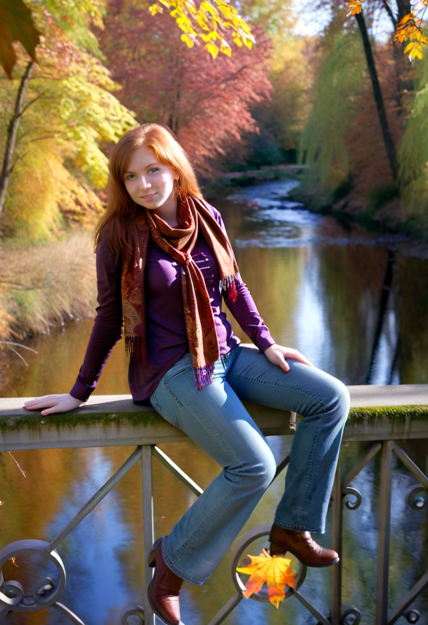 This is a photograph of a woman sitting on a railing of a bridge over a beautiful creek in autumn. The woman is wearing a purple blouse with a red scarf and jeans. Her long, auburn hair hangs down her back. Sunlight reflects off the water vivid colors, casting shadow style, perfect eyes, extremely intricate details, masterpiece, epic, clear shadows and highlights, realistic, intense, enhanced contrast, highly detailed skin, f/2. 8, bokeh