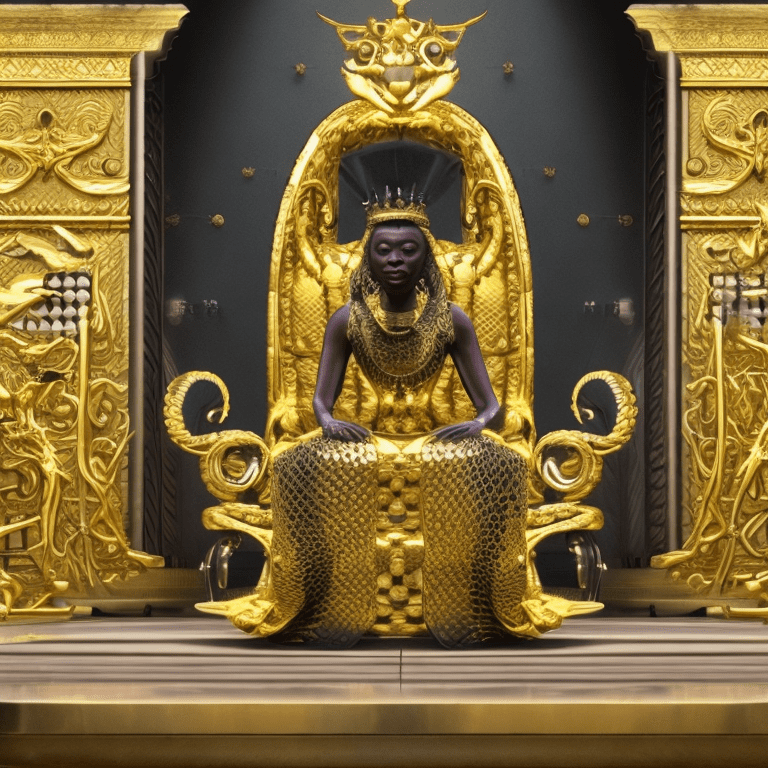 A very beautiful queen sitting on a black throne made of gold, with a serpent-dragon like elements and design, intricate details, dramatic lighting, hyperrealism, photorealistic, cinematic, 8k sharp focus, unreal engine 5 effects--niji 5, style expressive
