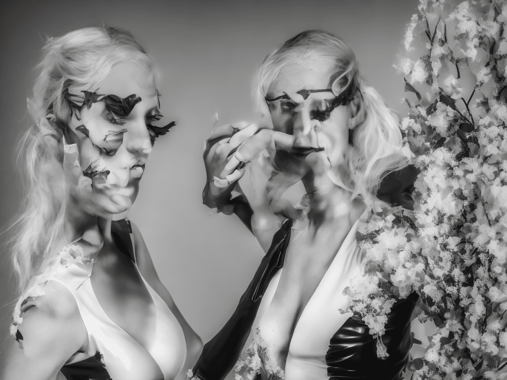 Photoportrait einer jungen frau, sie trägt eine hochgeschlossene bluse aus latex mit rüschenkragen und langen ärmeln.