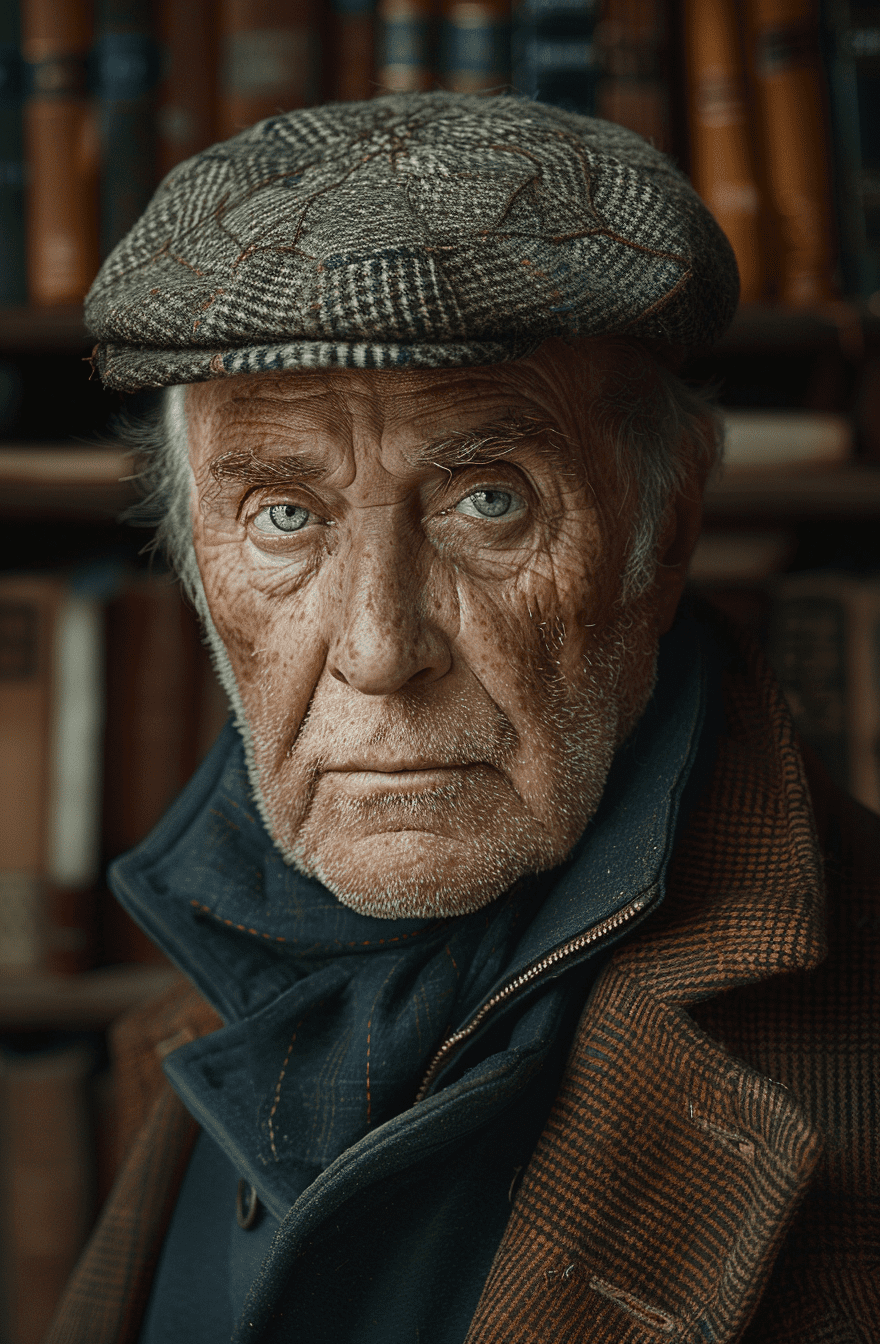 A solemn old man with a weathered face, in the style of classic renaissance portraits, high-definition, subtle textures visible on his tweed cap, reminiscent of andrew wyeth's realism. His eyes, a piercing gray, seem to hold centuries of wisdom. The background is a dimly lit library, with books stacked haphazardly, evoking a sense of aged knowledge and timelessness. The color palette is earthy, with deep greens and browns, under a chiaroscuro lighting that dramatically casts deep shadows and bright highlights --ar 13:20 --stylize 750 --v 6. 0