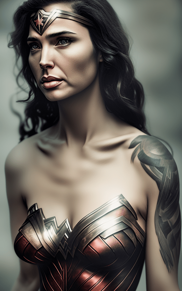 Wonder woman, happy, tattoo, metal lingerie, (tattoos) , (full body visible) , looking at viewer, portrait, photography, detailed skin, realistic, photo-realistic, 8k, highly detailed, full length frame, high detail raw color art, piercing, diffused soft lighting, shallow depth of field, sharp focus, hyperrealism, cinematic lighting