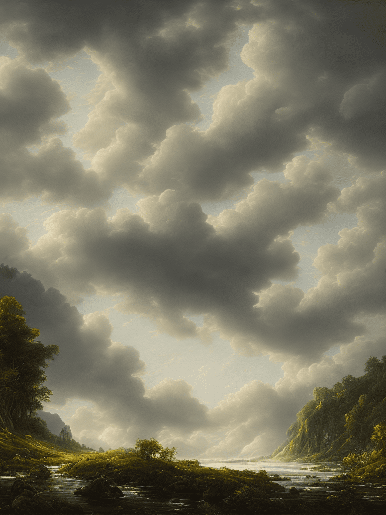 A wide and endless mountain range on the background, covered full with lush green forests and life, blue sky with expressive but formless clouds and stars, a swirving river with clear water reaching out to the front of the scene, in the style of atmospheric paintings, the painting is colored in orange, black and yellow, in the style of complex compositions, dark white and light red, circular abstraction, dmitry spiros, industrial materials, with tones of gray, black, green dark indigo and light cyan, aquamarine blue and white, lovely mind-bending sculptures, realistic hyper-detail, in the style of complex compositions, dmitry spiros, balanced proportions, hard edge painting, 8k, haze, ultra-detailed, film photography, light leaks, trending on artstation, sharp focus, intricate details, highly detailed, by greg rutkowski fluid simplicity --ar 63:128 --stylize 750