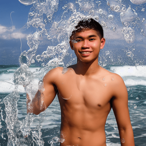 A handsome young man from the philippines, 19 years old, shirtless, wearing white underwear, bulging crotch, playing in the water by the sea. There are soap bubbles all over the body. There is a silver chain with a letter s pendant.