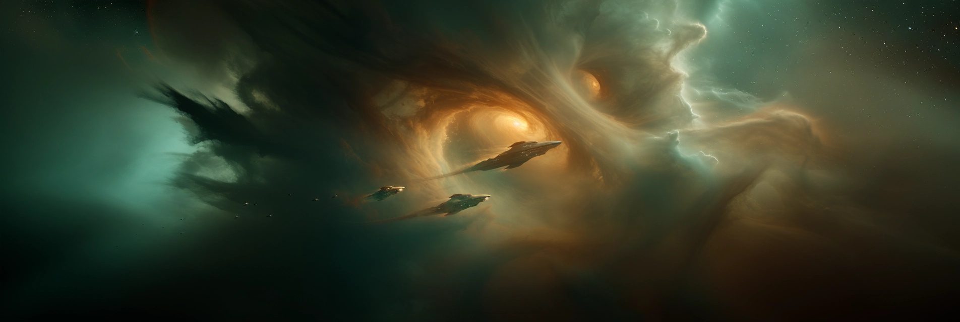 Intergalactic spaceships travelling through a nebula, well balanced use of light and shadows, pleasant palette of colours, 32k, high definition, edge processing --ar 3:1 --personalize nwnd4j3 --stylize 600