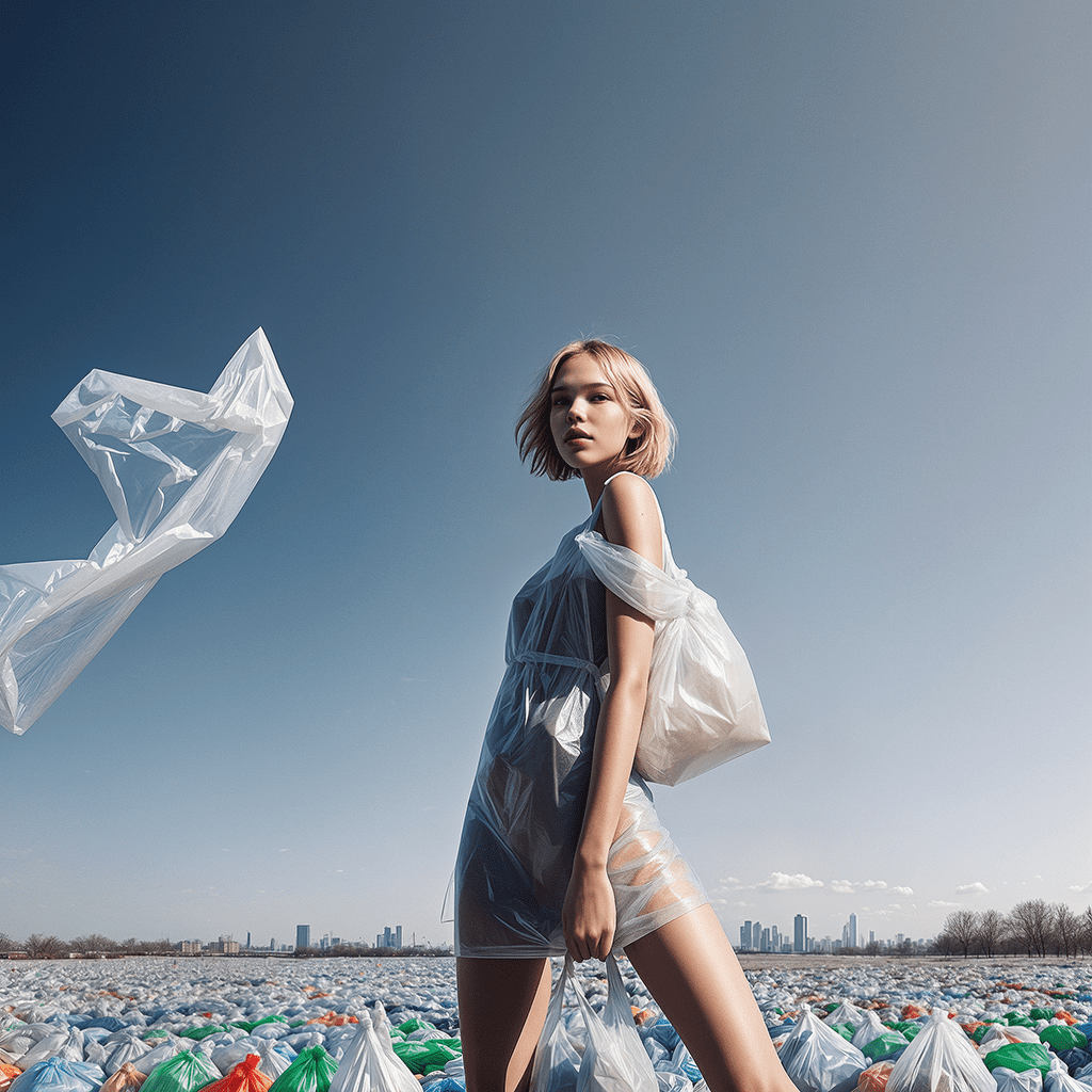 Isometric angle of view, wide angle, endless field covered in diverse sized plastic bags, endless view wide angle covered in diverse sized plastic bags break fashion model woman gorgeous girl sasha luss posing surrounded by towering piles plastic bags, colossal amount of plastic, drawn in plastic bags , emerging obscured by lot amount of bags