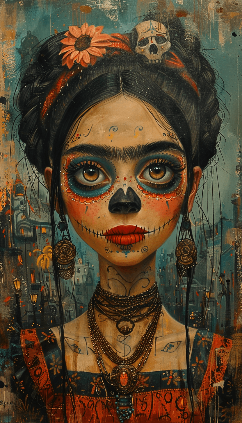 A painting of a frida cahlo with make up of catrina, in the style of disney animation, pre-world war ii school of paris, 32k uhd, character caricatures, mysterious backdrops, lively tableaus --ar 4:7 --v 6. 0 --s 750 --style raw