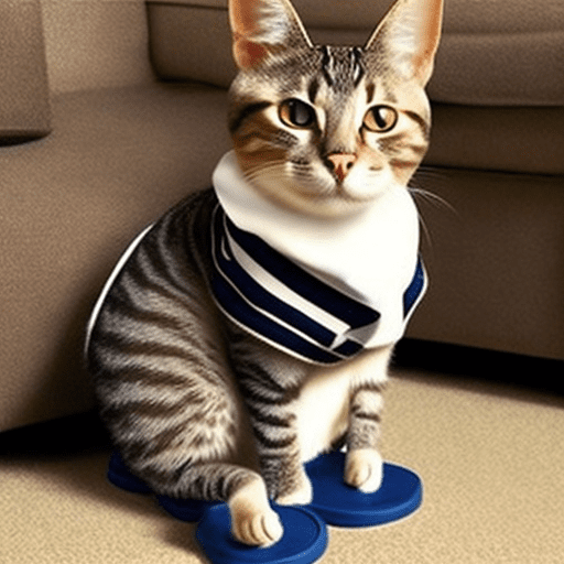 Cat wearing human pants, sitting