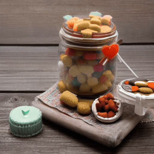 A jar of sweets, on a rustic wooden table, with grey wall background