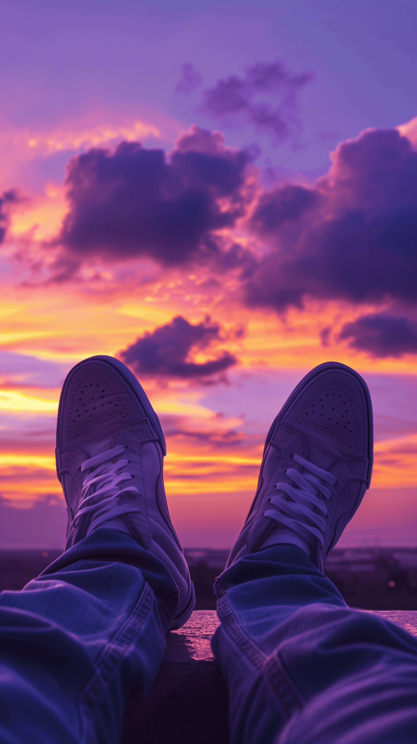 A close-up view of a pair of vans high-top sneakers, edges worn, resting on a ledge against a backdrop of a vivid sunset, the sky a gradient of deep purple to dusky blue, a small, distant bird with airplane silhouetted against the sky, realistic cloud, emphasizing a moment of tranquil solitude, hyper realistic, 4k uhd, rich detailing --ar 9:16 --style raw