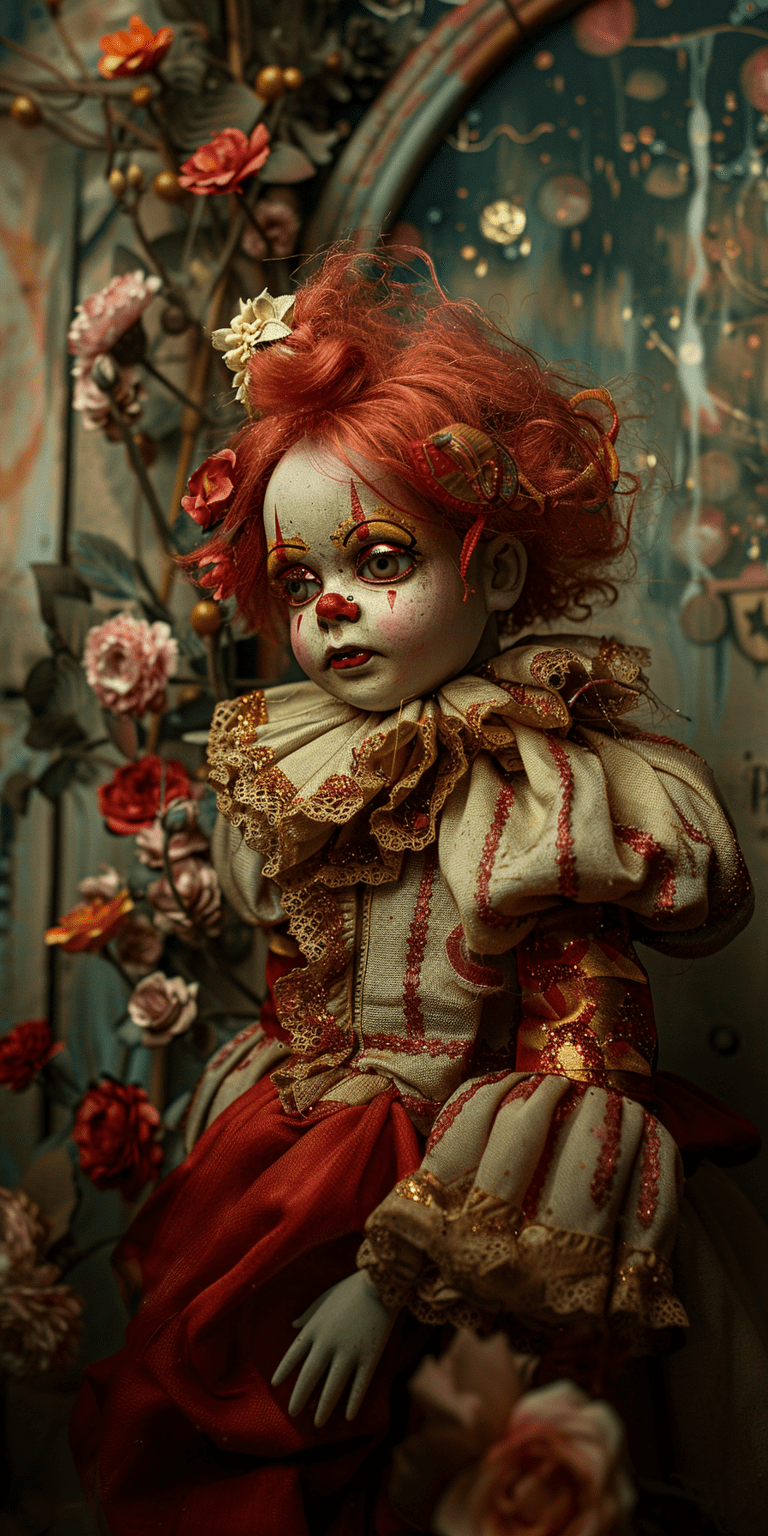 A vintage circus clown doll with a red and gold outfit, in front of an arch adorned with flowers. The background is an old wall painted in a surrealistic style. In the bottom right corner it says "robotic dreams". High resolution, highly detailed, hyper-realistic, full frame. --s 250 --v 6. 0 --style raw --ar 1:2