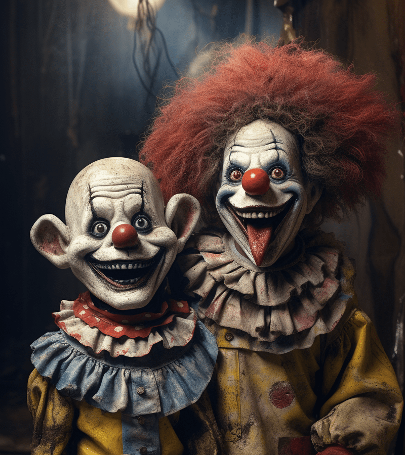 Dialogue between a scary clowns, background old circus, with creepy toys, mystical atmosphere, scary jesters, murder clowns, harlequins, dark horror style, cinematic lighting, foto realistic, --ar 69:128