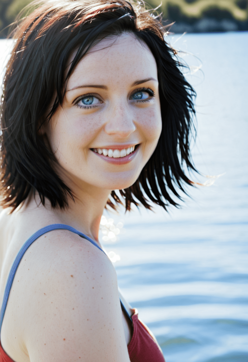 This is a photograph of a woman from the side while walking along a lake on a warm summer day. She has turned her head to look and smile at the viewer. Her gorgeous light-blue eyes give a glimpse into her soul. She wears a red tank top. Shoulder length black hair blows in the light wind. The sun reflects off of the water. Soft natural light, casting shadow style, perfect eyes, extremely intricate details, masterpiece, epic, clear shadows and highlights, realistic, intense, enhanced contrast, highly detailed skin, f/2. 8, bokeh