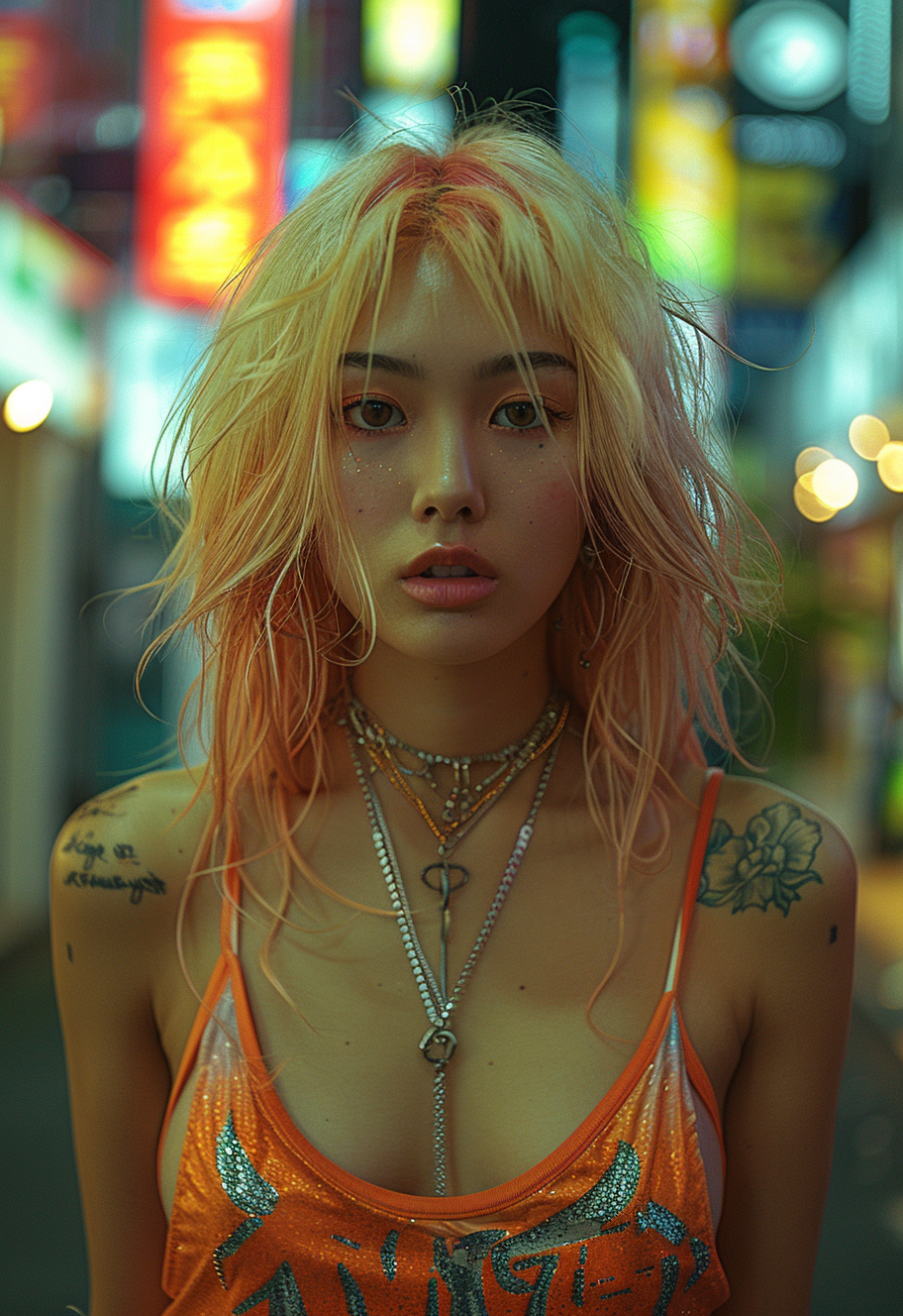 35 mm photo of a girl in a neon city, blonde hair, in the style of chinapunk, iconic album covers, soft-focus portraits, luke fildes, light amber and silver, exotic, captivating lighting --ar 24:35 --stylize 750 --chaos 20 --v 6. 0