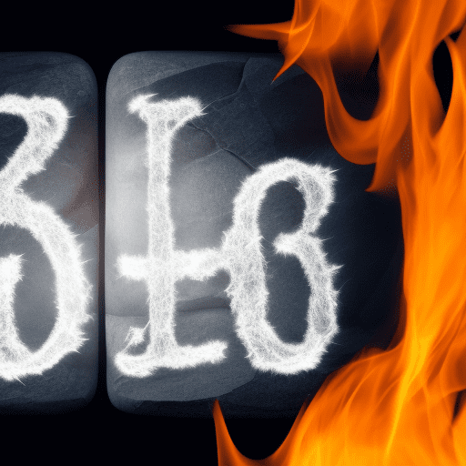 Two floating tablets of stone with 10 commandments written on them. Flames come out from the letters. The background is a night scene of large stone mountain.