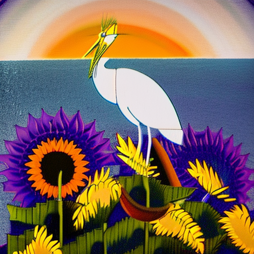In the image, you can see a white heron elegantly perched on a deep royal blue roof. In the background, you can see a majestic sunset, with a large sun of orange and gold tones that illuminates the sky. On the same roof, you can also see a beautiful medium-sized sunflower, whose petals extend towards the sky.