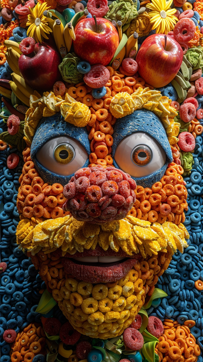 Face of a cartoon character made of fruit loops, irreverent, silly --ar 9:16 --stylize 750