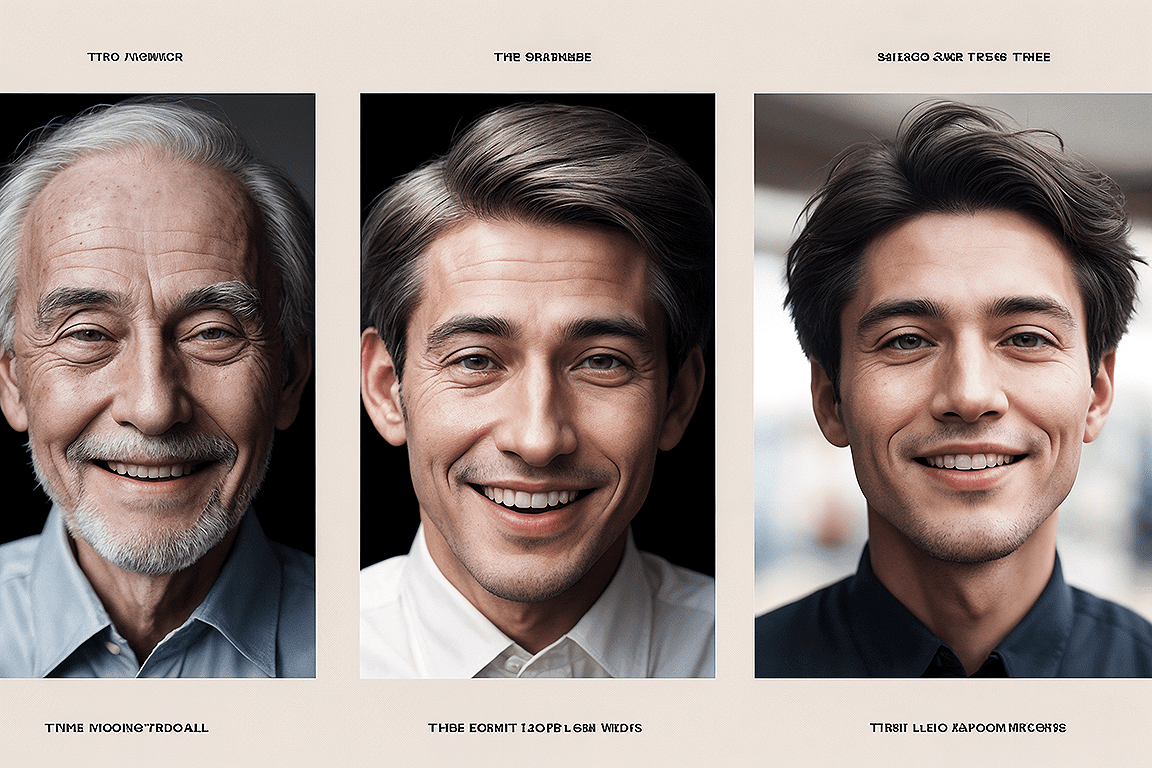 A striking triptych photograph depicting the transformation of a man through the years. The first image showcases a youthful man with a carefree smile, wearing a casual outfit. The second panel features the same man in his prime, now with a confident smirk and a formal attire. The final panel presents an elderly gentleman, now a grandfather, with a wise and content expression, his wrinkles reflecting a lifetime of experiences. The three images seamlessly transition through time, with the man's facial features remaining recognizable in each stage of his life. , photo