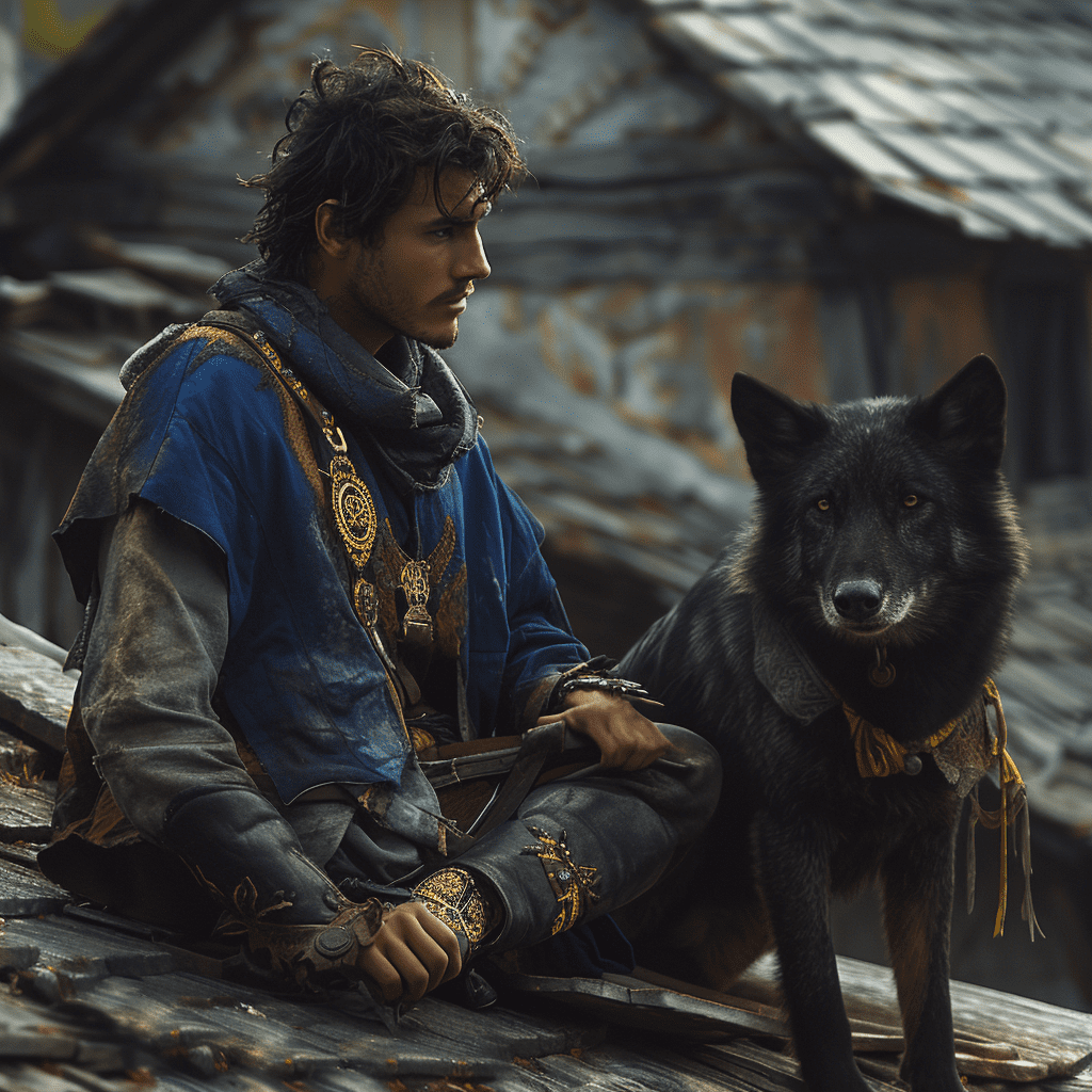 Masterpiece, perfect anatomy, 32k uhd resolution, best quality, highly details, realistic photo, professional photography, cinematic angle, cinematic view, cinematic lights, medieval atmosphere, a brown man with a small white lock, seat on the roof with sitting his old dark wolf dog friend with intelligent eyes, the man is 20 years old,
