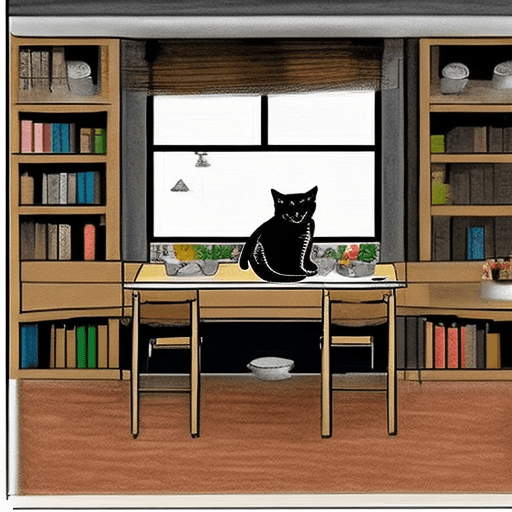 Dinner room 3mts by 3mts, 2 bookshelfs, 1 table with 2 chairs, 1 cupboard, 1 drawing table, 1 desk with a computer. It has 1 window 3 mts by 1. 20 mts. Day outside. 1 black cat. The image must have perspective, seen by a corner. Photograhy quality.