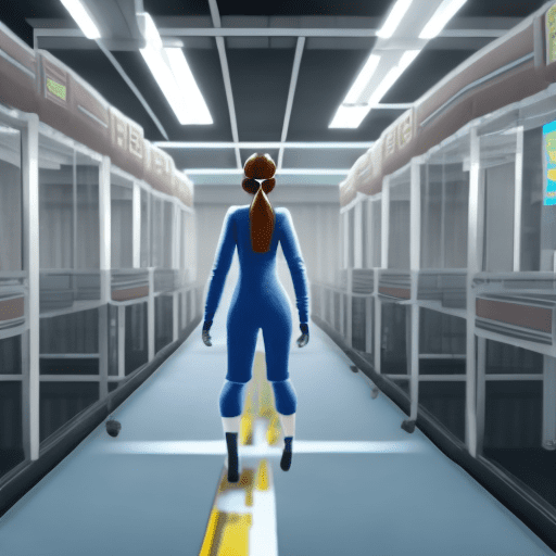 Female protagonist in a t-pose for a video game about escaping labs run by an evil corporation