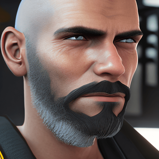 One man close-up portrait shaved hair black beard. Overall, workshop, inspection, mechanics, radiology, hyper realism, high detail, octane render, 8k