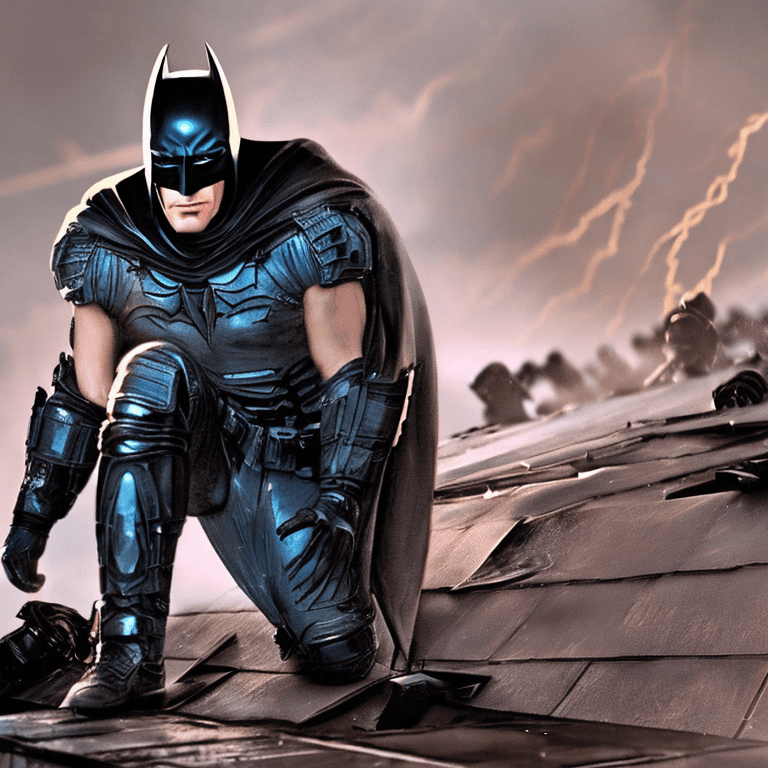 Batman wearing battle damaged armor | batman is crouching on the roof | blue eyes | starship troopers | its a dark rainy night| epic fight scene| wounded from battle| detailed face| extreme details| cinematic| masterpiece| photography| stunning environment| shiny| smooth| atmosphere| detailed| intricate| full of colour| cinematic lighting| hyperrealistic| focused| lumen reflections --v 5