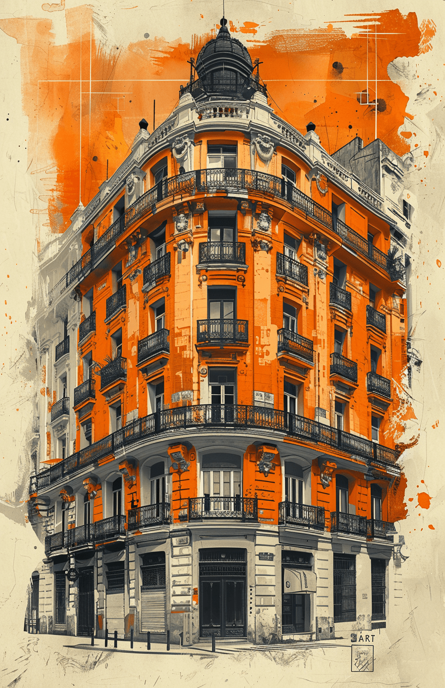 Vector drawing of an old building in the style of paul rand, surrounded by buildings from montevideo, orange and white colors, black ink outlines, on textured paper, vector art, 2d flat design --ar 24:37