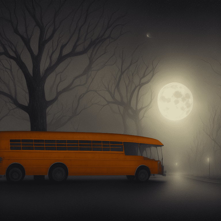 Side view of a strange school bus at a distance, intricate details, in the middle of the night, moonlight, very detailed, lit street, dead trees, streets lights, foggy