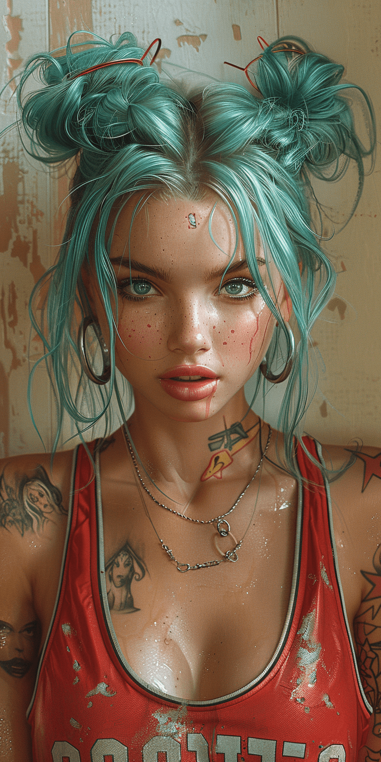 A hyper-realistic digital painting of an instagram model with blueish-green hair in two buns, wearing a red basketball jersey and silver hoop earrings, tattoos covering her arms, staring at the artist with a smug smile, background color is pastel yellow, heavy makeup --ar 1:2 --stylize 750