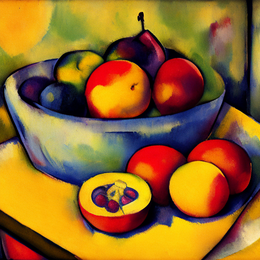 A bowl of fruit basks in warm sunlight, [image: bowl of fruit on a table] [still life style] [paul cézanne reference] , [soft, warm lighting] , [vibrant, rich colors] , [plain, solid-colored background] , [shallow depth of field].