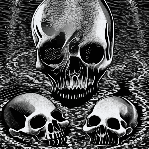 Create a striking 2d black and white engraving gently flowing water. Black background, water only on the below part of the image, giving a sense of flowing. Little skulls with a tooth shaped floating
