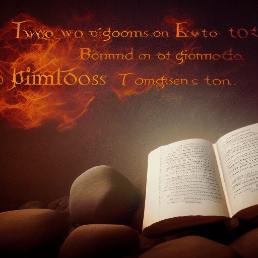 Two floating tablets of stone with 10 commandments written on them with flames coming from the inscriptions. The background is a night scene of large stone mountain