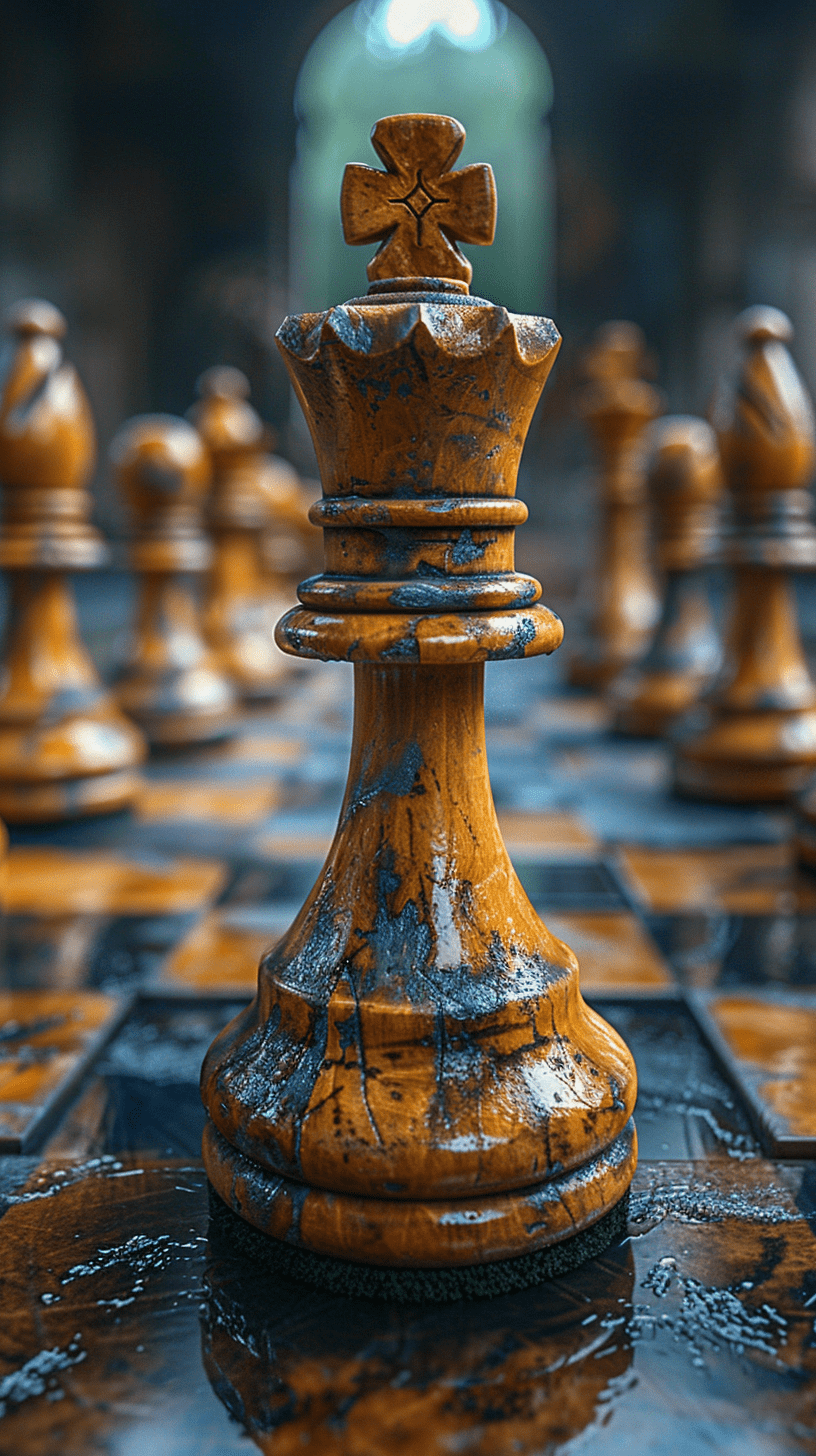 Hyper-realistic photograph of chess pieces, close up, best design, spectacular craftsmanship, photorealistic, dramatic lighting --ar 9:16 --stylize 750