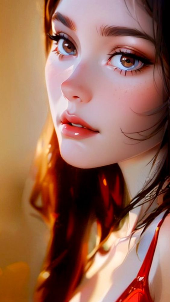 Glam shot photo of a pretty lady, side view portrait, red dress, golden hour, digital colors, realistic texture