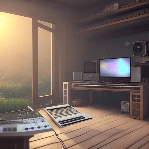 Photo of a ultra realistic simple music home studio, dramatic light, pale sunrise, cinematic lighting, battered, low angle, trending on artstation, 4k, hyper realistic, focused, extreme details, unreal engine 5, cinematic, masterpiece, art by studio ghibli, intricate artwork by john william turner