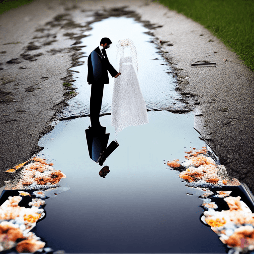 A wedding photograph ripped in half and discarded in a puddle on the ground. Puddle reflecting a man. Photorealistic, vector graphics image