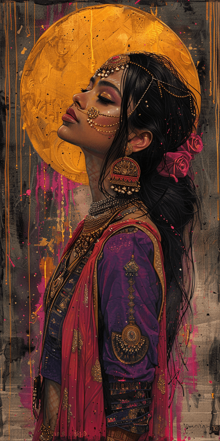 Pop art portrait of an indian woman in traditional attire, with gold jewelry and vibrant colors, background is a collage of purple hues, featuring splashes of pink and yellow, creating a dynamic contrast that highlights her silhouette against a golden sun, street style, blending urban elements into her cultural heritage, with a focus on her face --ar 1:2 --stylize 750