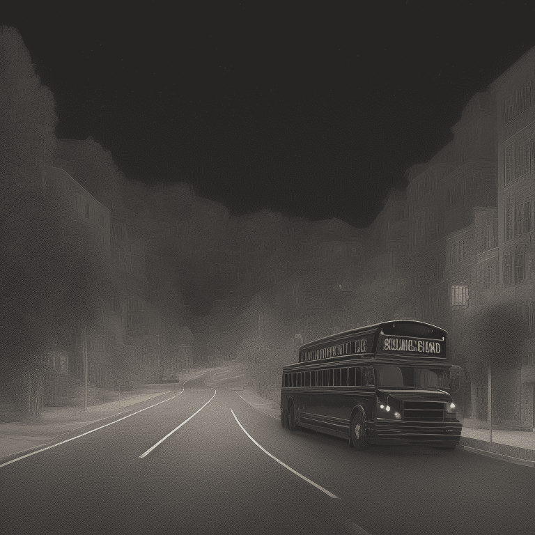Big glossy black school bus at a distance on a hill, intricate details, in the middle of the night, very detailed, lit street, streets lights