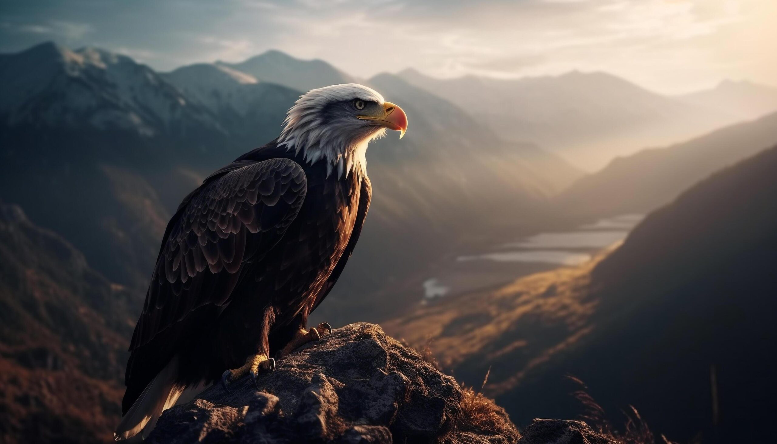 The-majestic-bald-eagle-perching-on-mountain-peak-at-sunset-generated-by-ai-free-photo