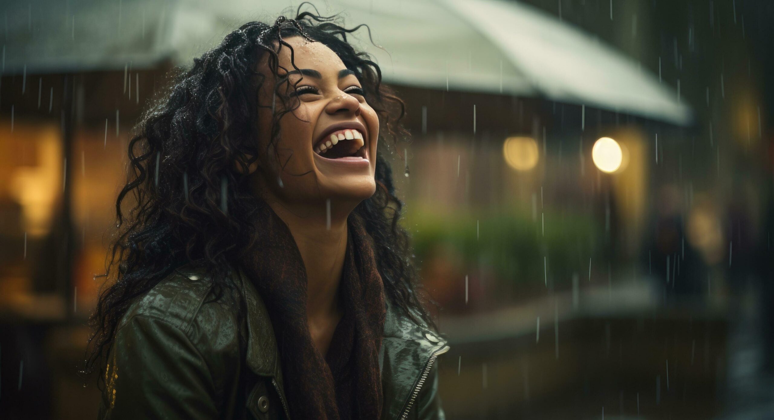 Ai-generated-a-beautiful-young-woman-laughing-and-smiling-in-the-rain-free-photo