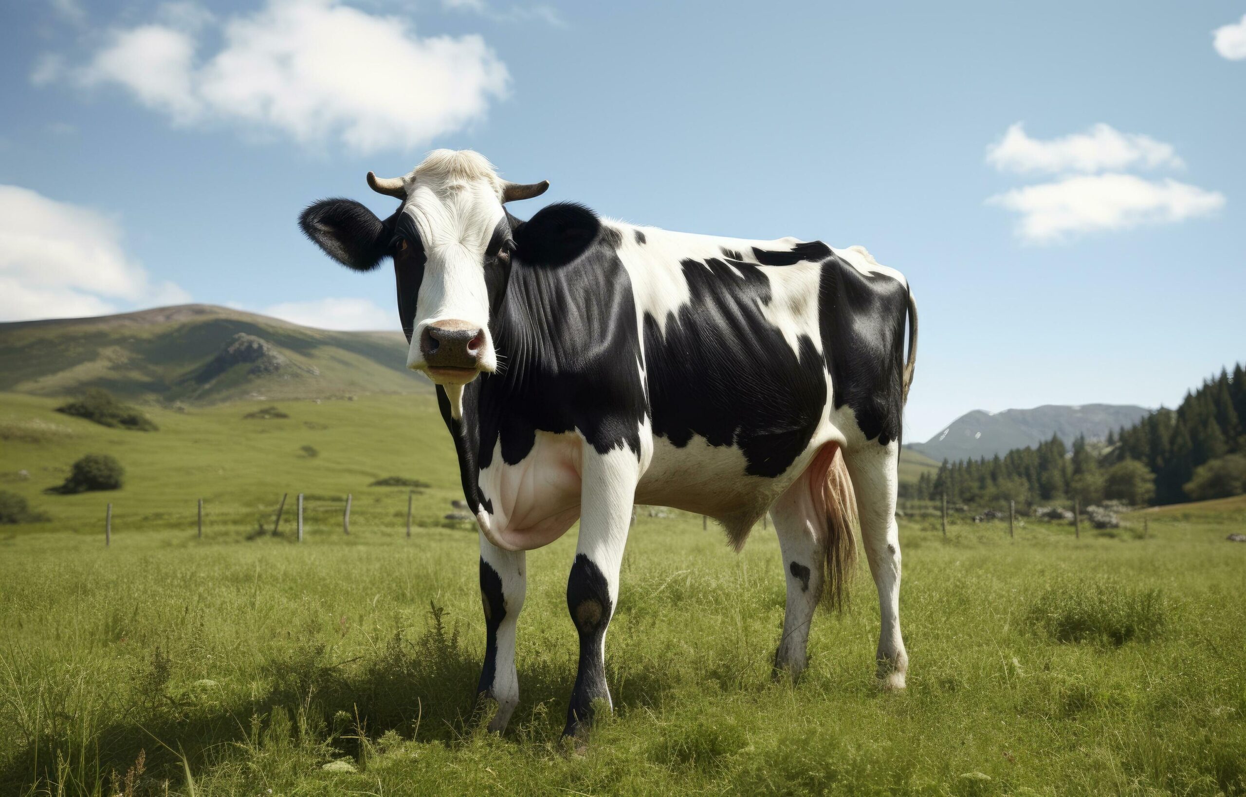 Ai-generated-a-black-and-white-cow-standing-in-the-grass-free-photo