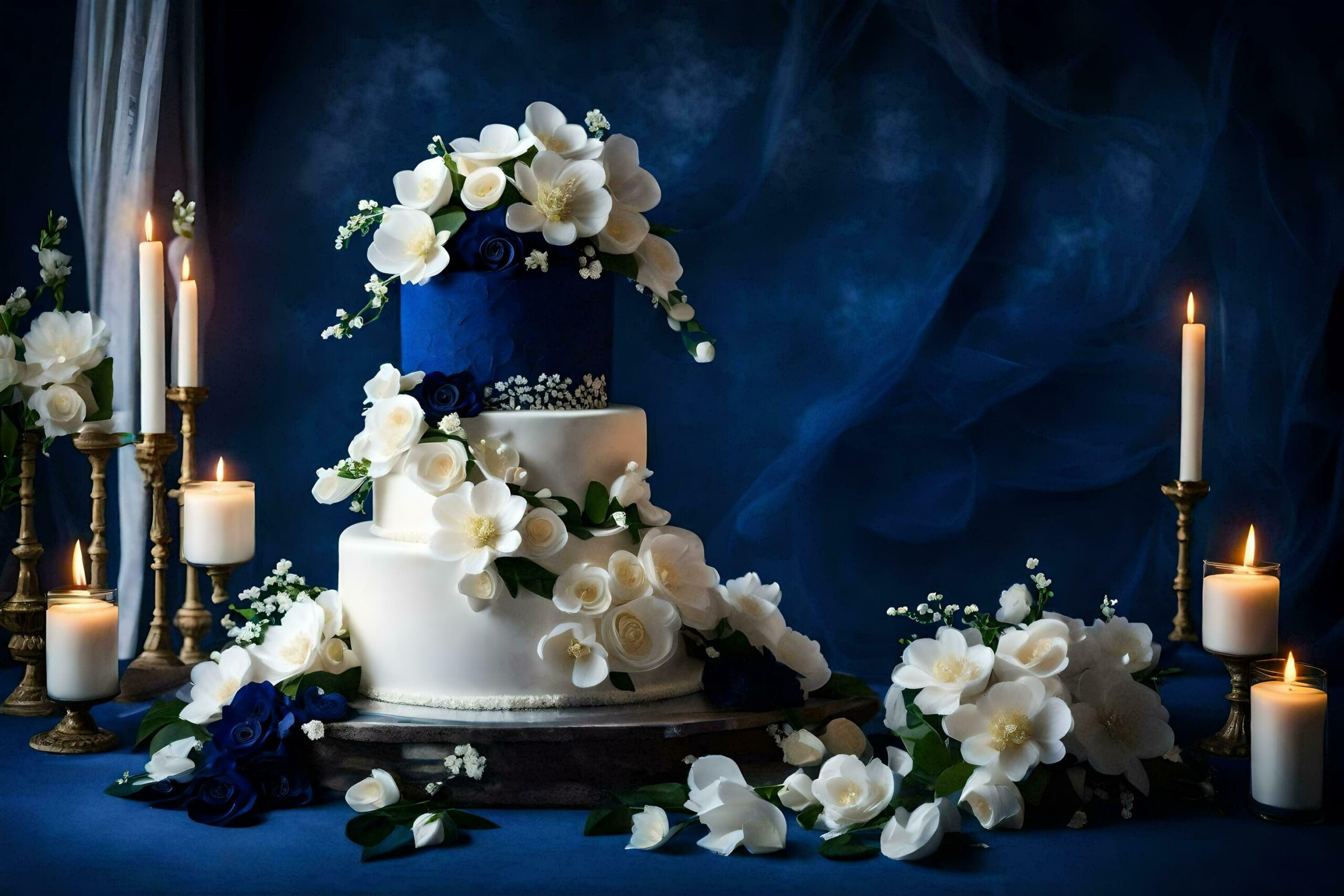 Ai-generated-a-blue-and-white-wedding-cake-with-flowers-free-photo