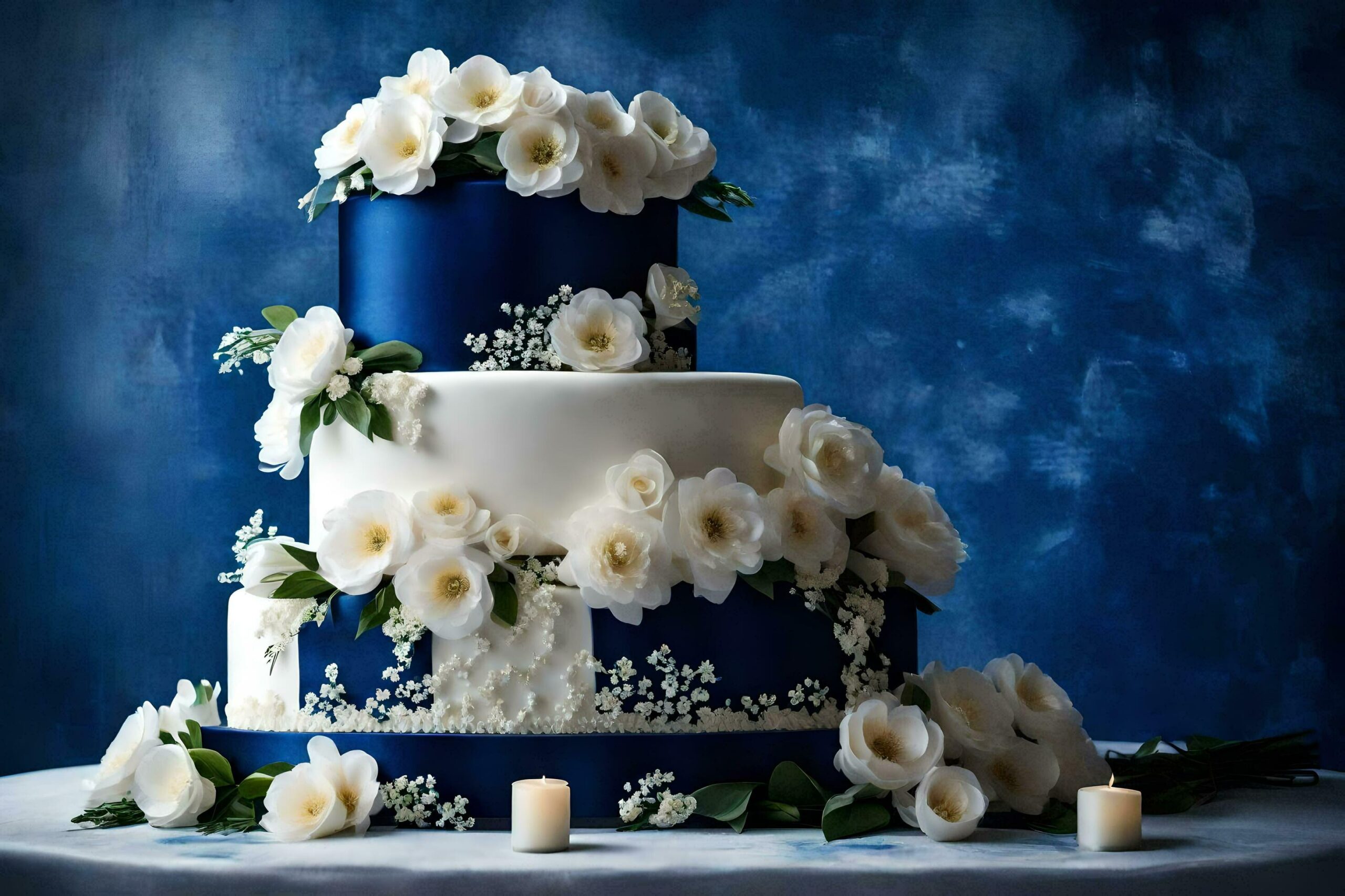 Ai-generated-a-blue-and-white-wedding-cake-with-white-flowers-free-photo