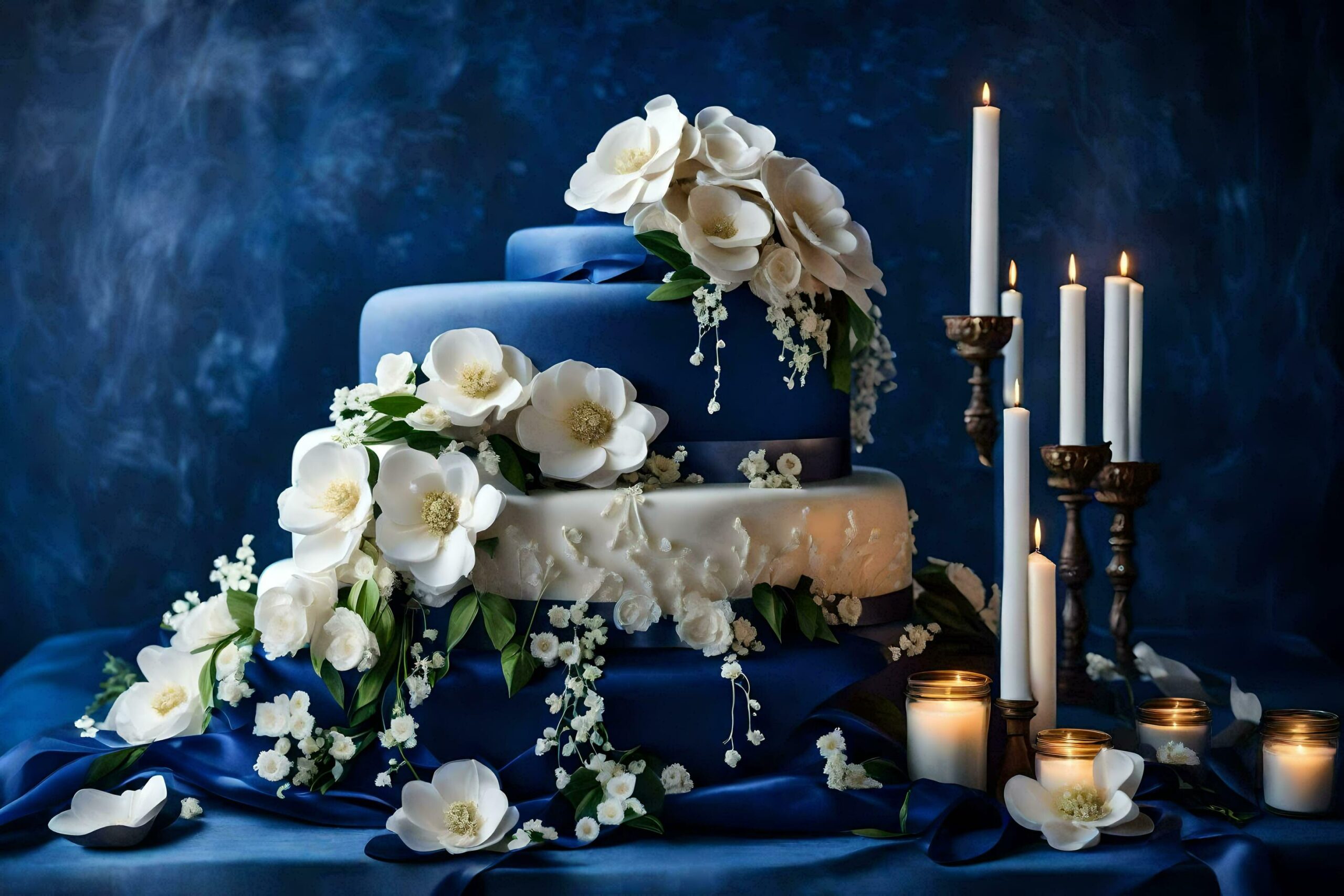 Ai-generated-a-blue-wedding-cake-with-white-flowers-and-candles-free-photo