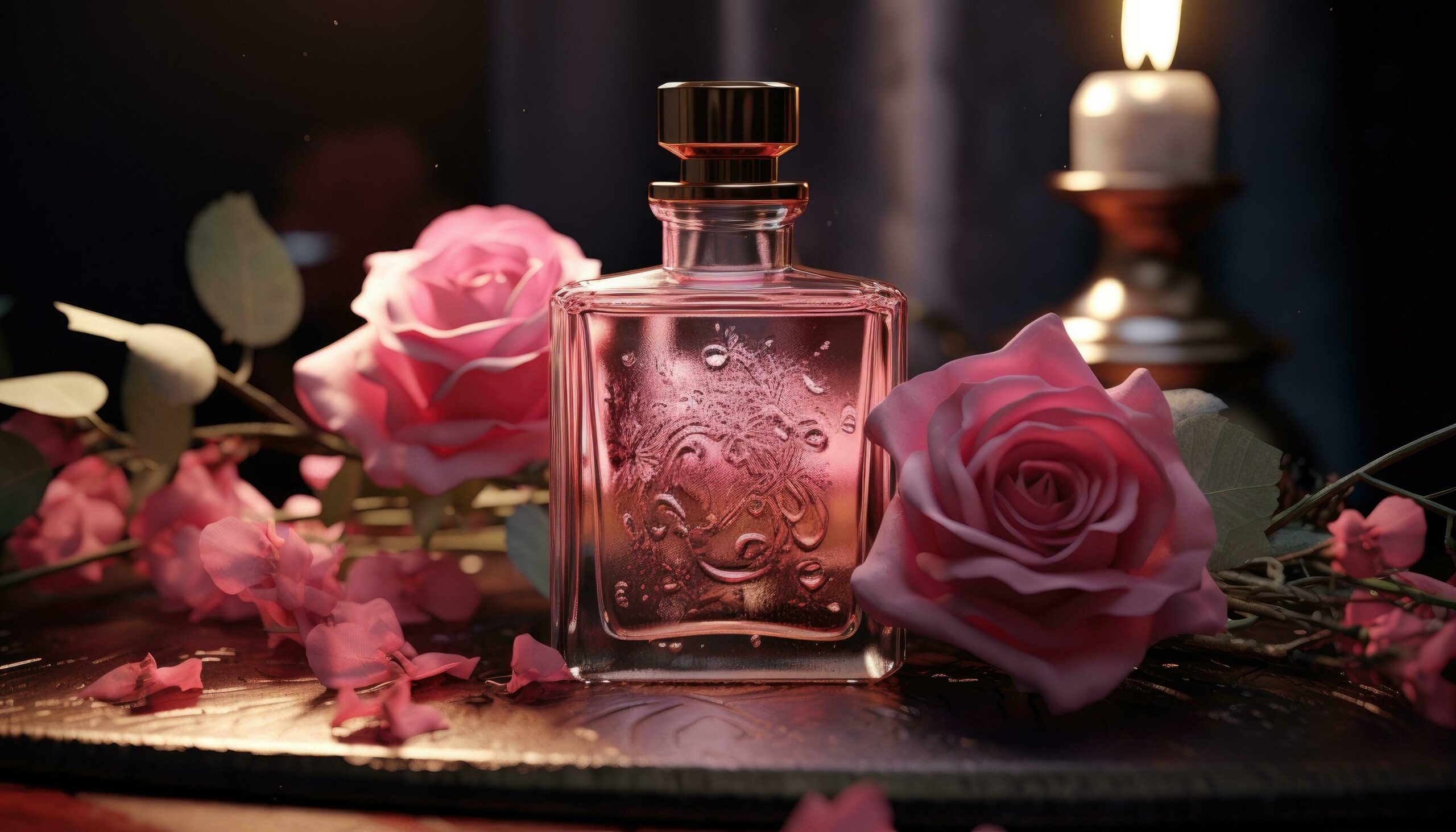 Ai-generated-a-bottle-of-cologne-with-rose-flowers-and-dust-free-photo