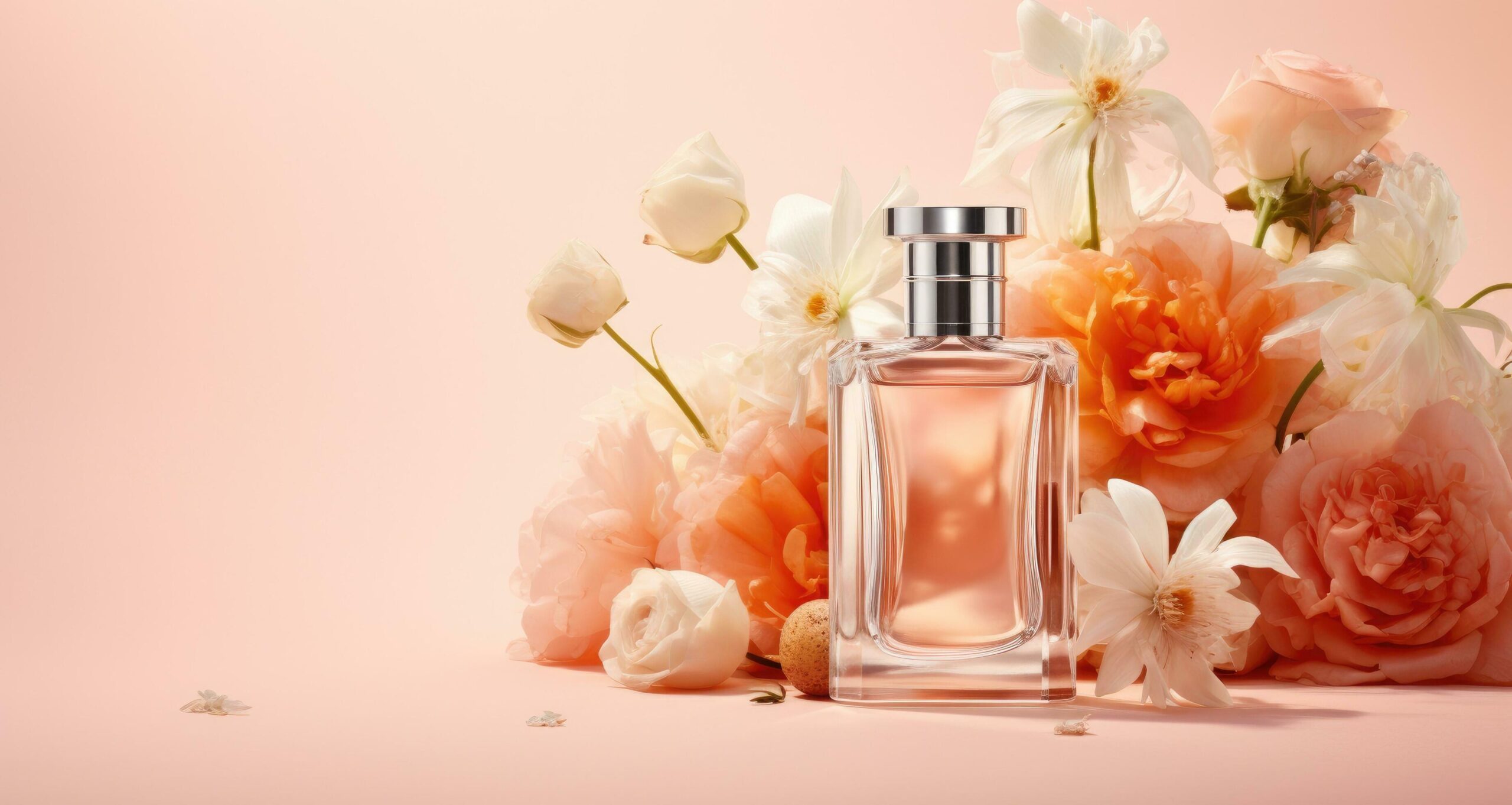 Ai-generated-a-bottle-of-perfume-with-flowers-on-a-pink-background-free-photo