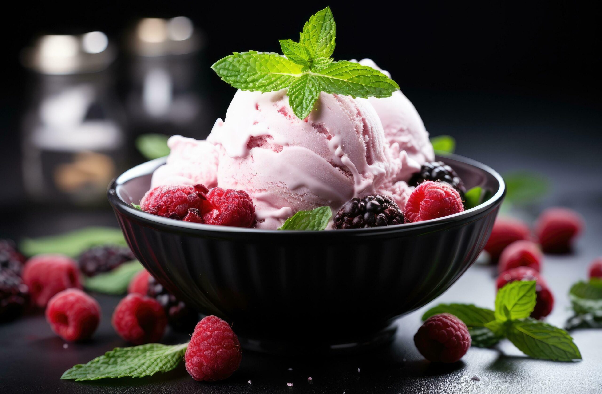 Ai-generated-a-bowl-of-cherry-ice-cream-with-mint-leaves-free-photo