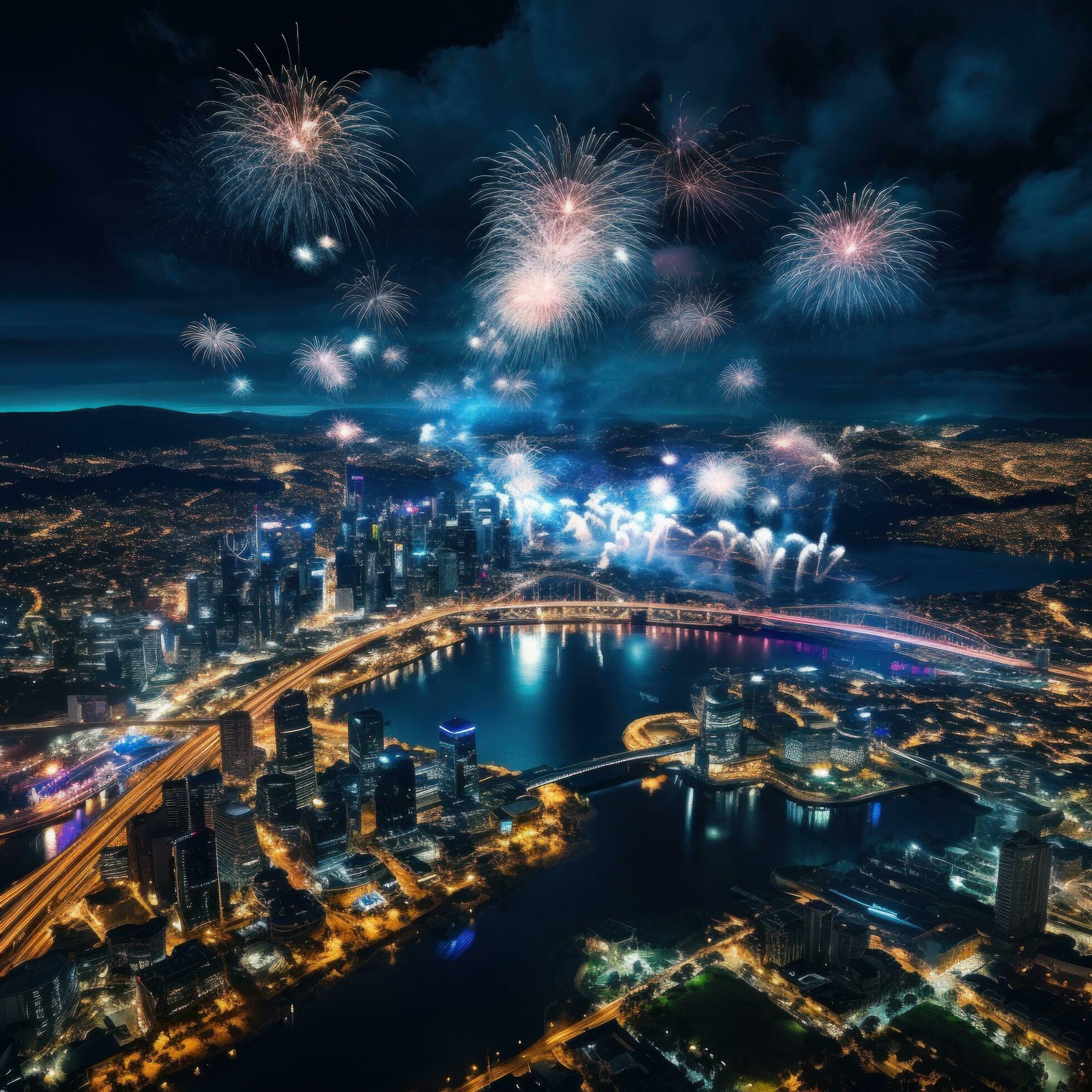 Ai-generated-a-breathtaking-aerial-shot-of-fireworks-exploding-over-a-city-or-landscape-free-photo