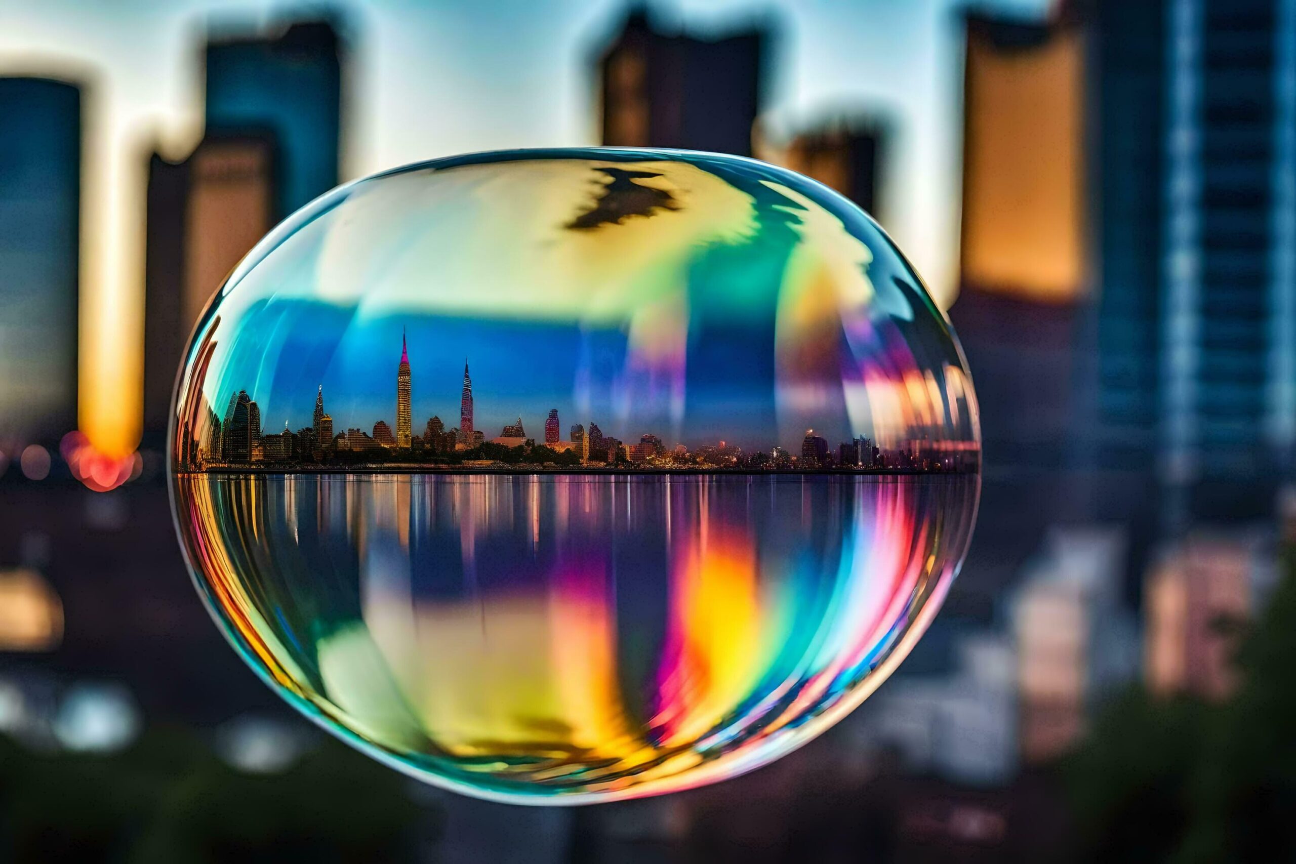 Ai-generated-a-bubble-with-a-city-skyline-reflected-in-it-free-photo