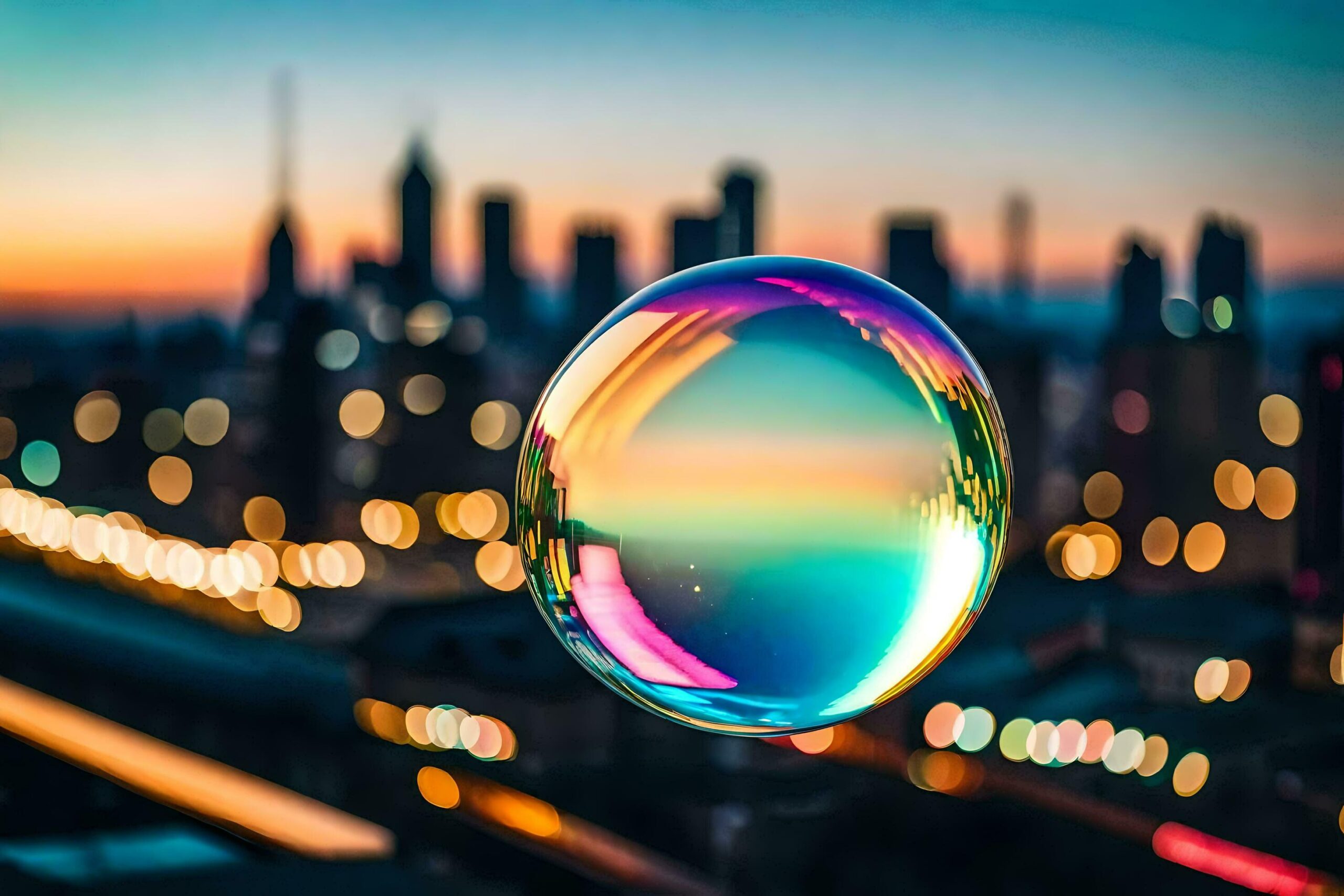 Ai-generated-a-colorful-bubble-floating-in-front-of-a-city-skyline-free-photo